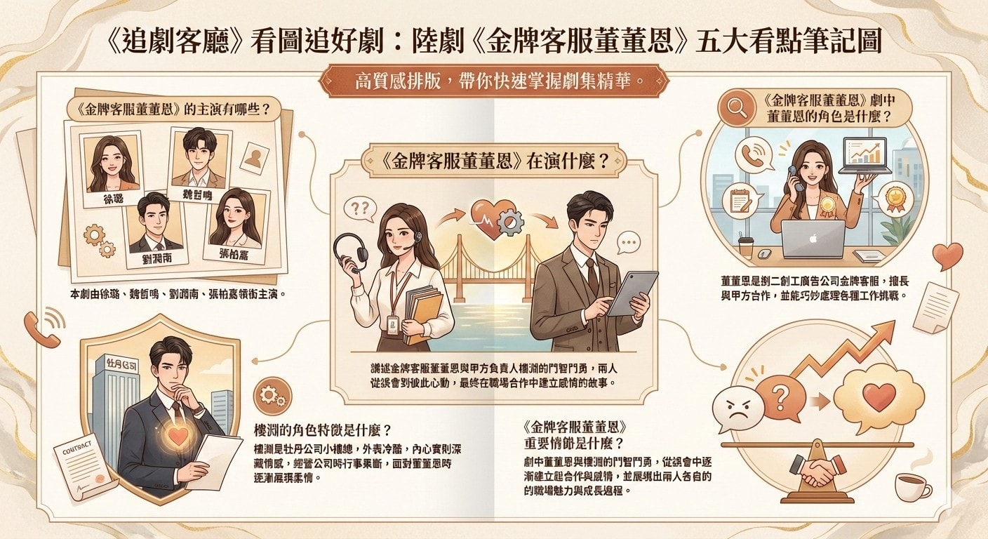 陸劇《金牌客服董董恩》：劇情簡介＆人物介紹；由徐璐、魏哲鳴、劉潤南、張柏嘉領銜主演的都市情感劇，講述金牌客服董董恩在與甲方負責人樓淵的鬥智鬥勇中，以自身魅力俘獲樓淵芳心的故事，播出平台：愛奇藝全網獨播 ，播出時間：2023年9月15日起。