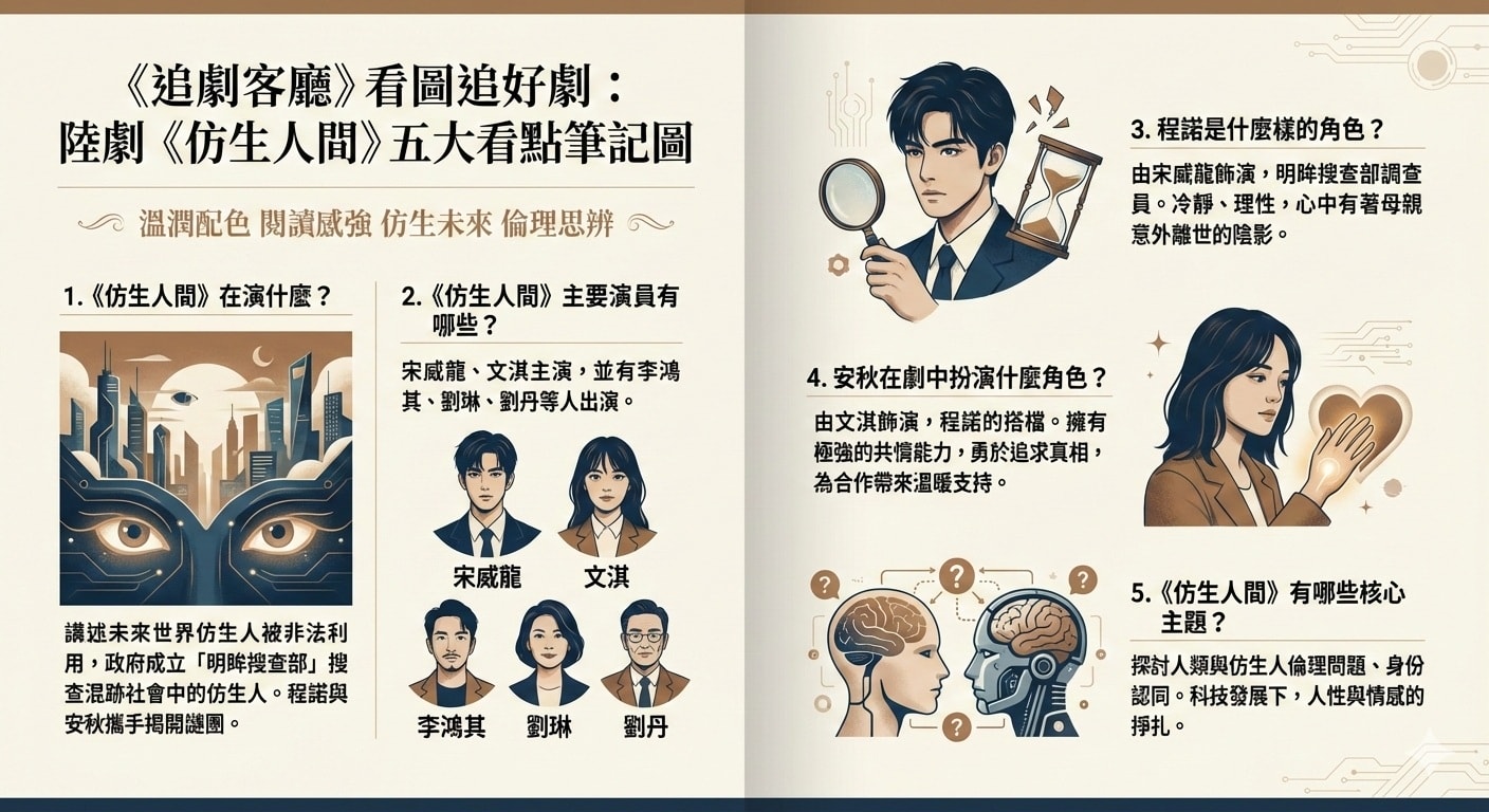 陸劇《仿生人間》：劇情簡介＆4Cbook劇點＆人物介紹，宋威龍、文淇主演的懸疑類網劇，講述人類在未來世界研發出仿生人，但有不肖人士卻開始利用其進行非法活動，4Cbook覺得「仿生人」題材，隨著生成式AI橫空出世之後，會成為將來影劇的新興類型，就像38年前的《回到未來》電影，讓「穿越時空」題材成為近四十年來電影、電視劇的科幻主流，本劇定於2023年10月18日起在愛奇藝播出。