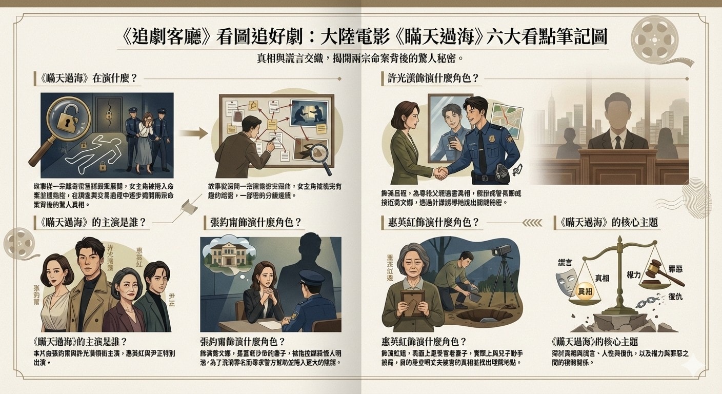 大陸電影《瞞天過海》：劇情簡介＆人物介紹；由張鈞甯、許光漢主演的犯罪懸疑電影，本劇的劇情主軸是由一宗離奇的密室謀殺案，扯出另兩宗命案的驚人真相，本片定於2023年12月8日在愛奇藝上映。