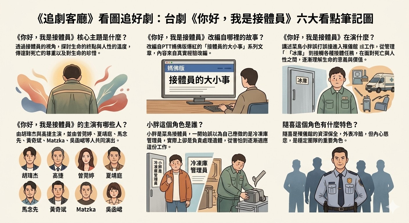 台劇《你好，我是接體員》：劇情簡介＆人物介紹；由高捷、胡瑋杰領銜主演，本劇改編自本身職業就是接體員的大師兄的〈第一線的接體實錄〉。