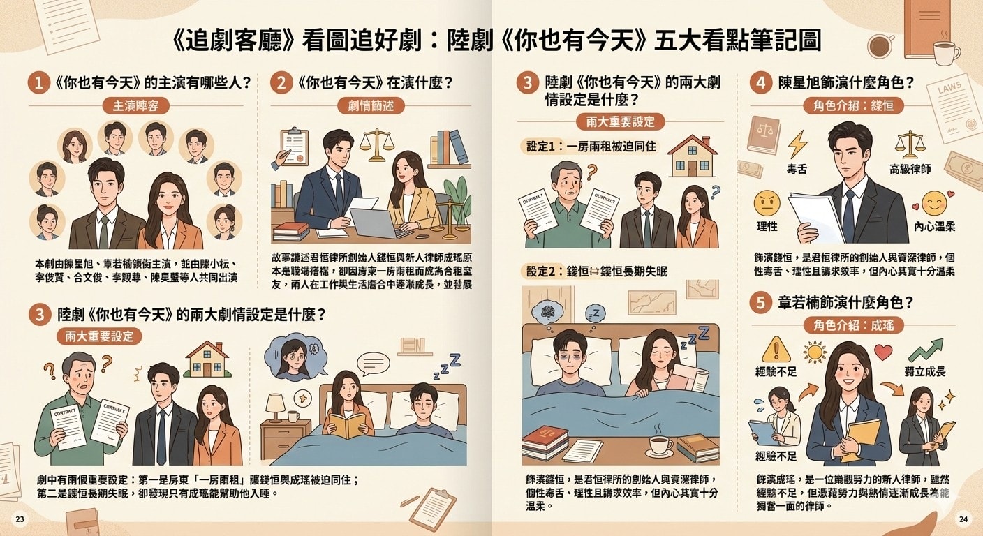 你也有今天（陸劇）：劇情簡介＆人物介紹；本劇根據葉斐然的同名小說改編，由陳星旭、章若楠領銜主演的都市浪漫愛情輕喜劇，劇情講述錢恆和成瑤從職場拍檔意外變成合租室友，最終共同成長並相守一生的故事，而編劇用兩個梗將錢恆和成瑤牽在一起，第一個梗是房東「一房兩租」，第二個梗是男主角錢衡的失眠只有女主角成瑤可以治療，本劇定於2024年1月4日在優酷視頻播出。