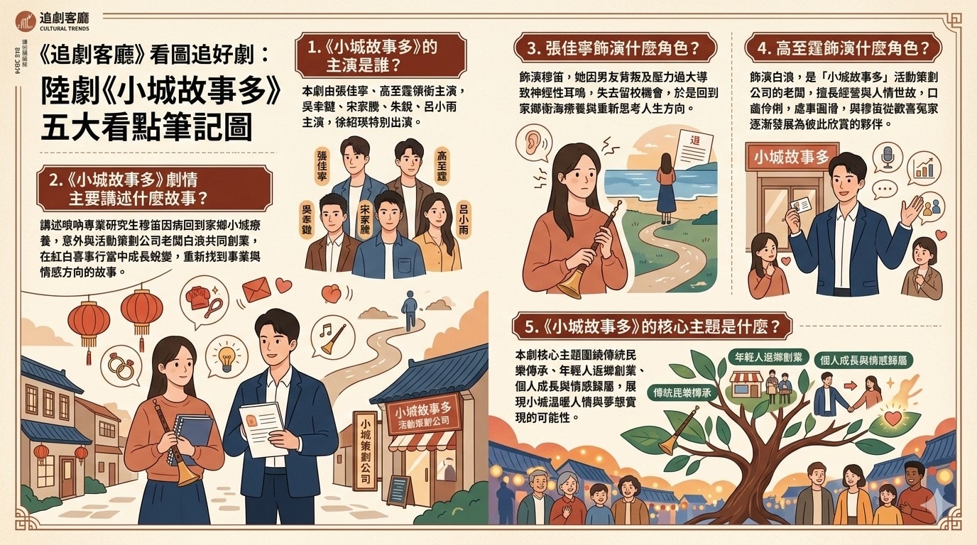 小城故事多（陸劇）：劇情簡介＆人物介紹；本劇由張佳寧、高至霆領銜主演的都市輕喜劇，劇情以紅白喜事行當為背景，講述民樂嗩吶專業研究生，「逃離」大城市，回到家鄉開啓，另類奮鬥的故事。本劇定於2024年1月21日在愛奇藝播出。