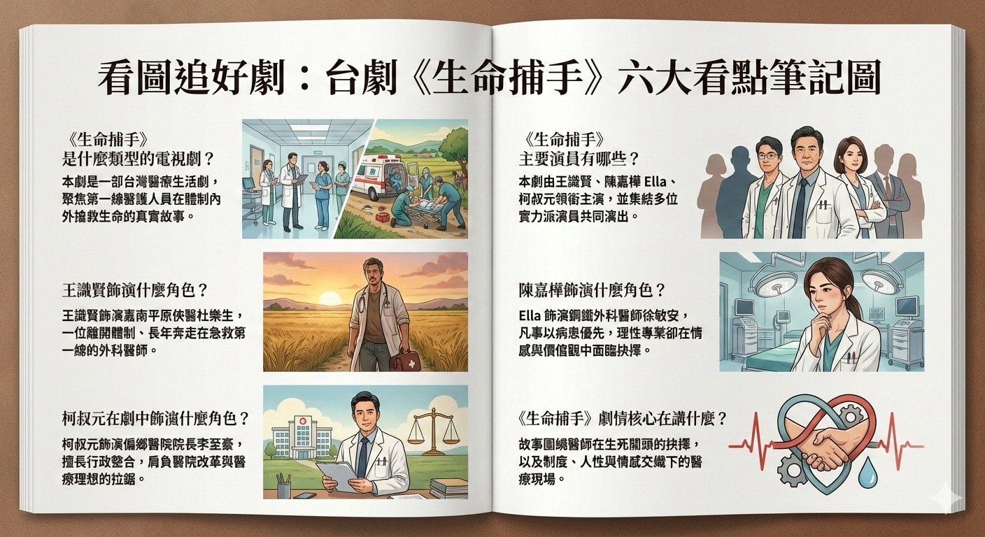台劇《生命捕手》第一季：劇情簡介＆分集劇情＆人物介紹；本劇集結王識賢、陳嘉樺Ella、柯叔元，披上白袍，打造近幾年台灣罕見的醫療職人劇。