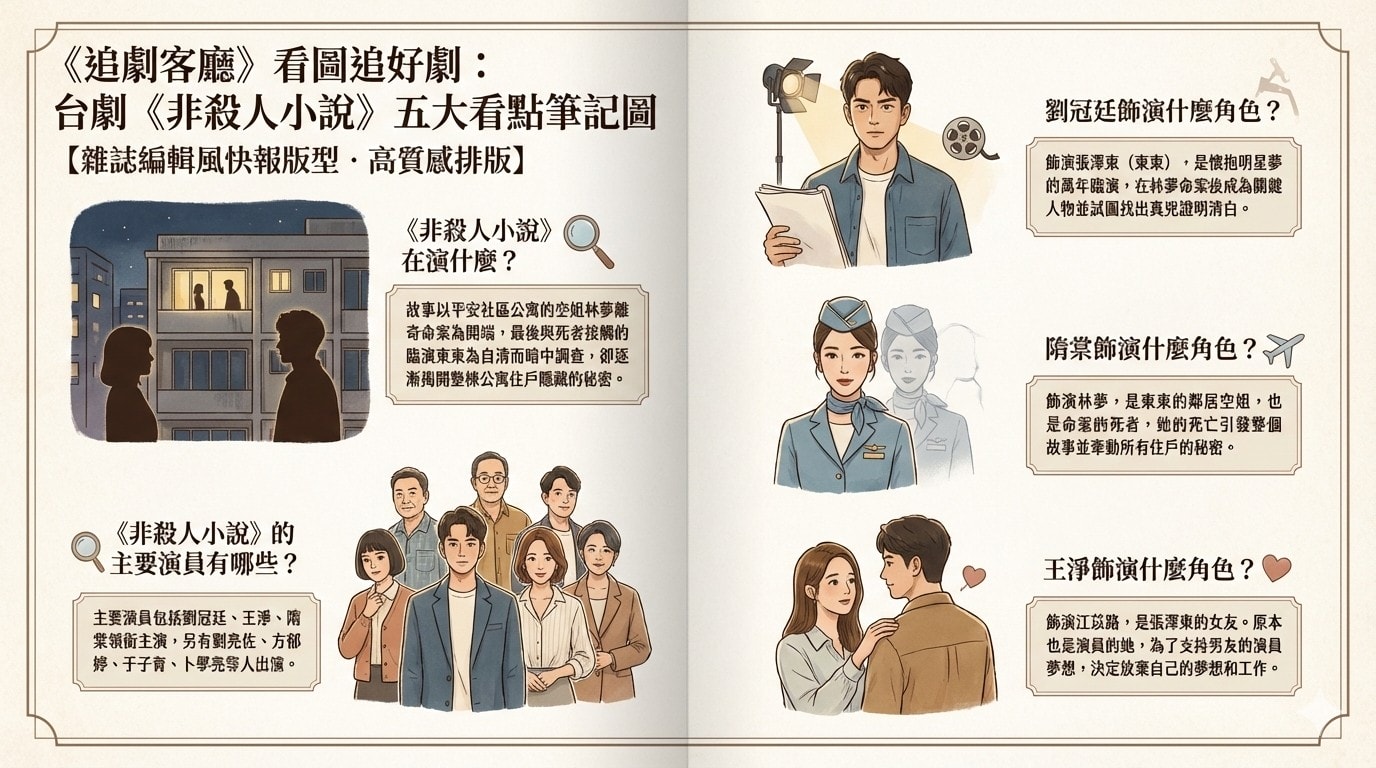 非殺人小說（台劇）：劇情簡介＆人物介紹＆分集劇情；改編自作家李桐豪的原著小說《非殺人小說》，由劉冠廷、王淨、隋棠領銜主演。