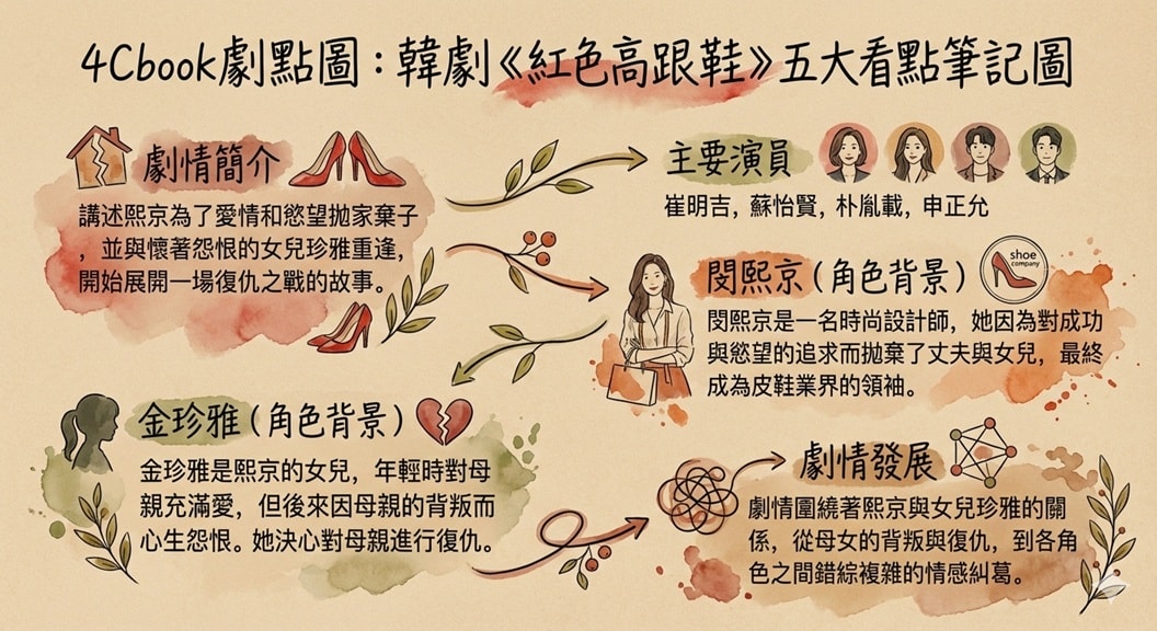 韓劇《紅色高跟鞋》：劇情簡介＆人物介紹；由崔明吉、蘇怡賢、朴胤載、申正允主演，講述為了愛情和慾望拋夫棄子的故事，本劇的關鍵字有兩個，第一個是「背叛」，第二個是「復仇」 劇中的閔熙京是一名時尚設計師，她為了追求夢想和慾望而背叛丈夫，拋棄家庭和女兒，而金珍雅是被她遺棄的女兒，多年後熙京與珍雅再次相遇，珍雅對母親熙京展開一場復仇的戰爭。本劇於2021年7月5日起在韓國KBS2TV播出，2023年10月12日起，週一至週五晚上八點在台灣的八大戲劇台播出。