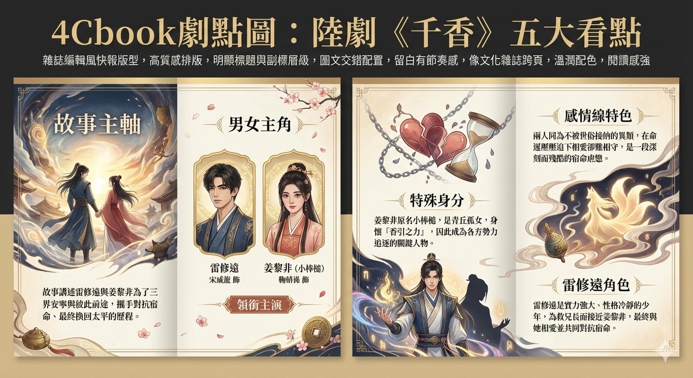 陸劇《千香》別名《千香引》：劇情簡介＆人物介紹；本劇改編自十四郎的小說《千香百媚》由宋威龍、鞠婧禕領銜主演的古裝愛情奇幻劇，講述雷修遠和姜黎非攜手破宿命，最終換得三界安寧的故事。本劇訂於2024年下半年在優酷視頻播出。