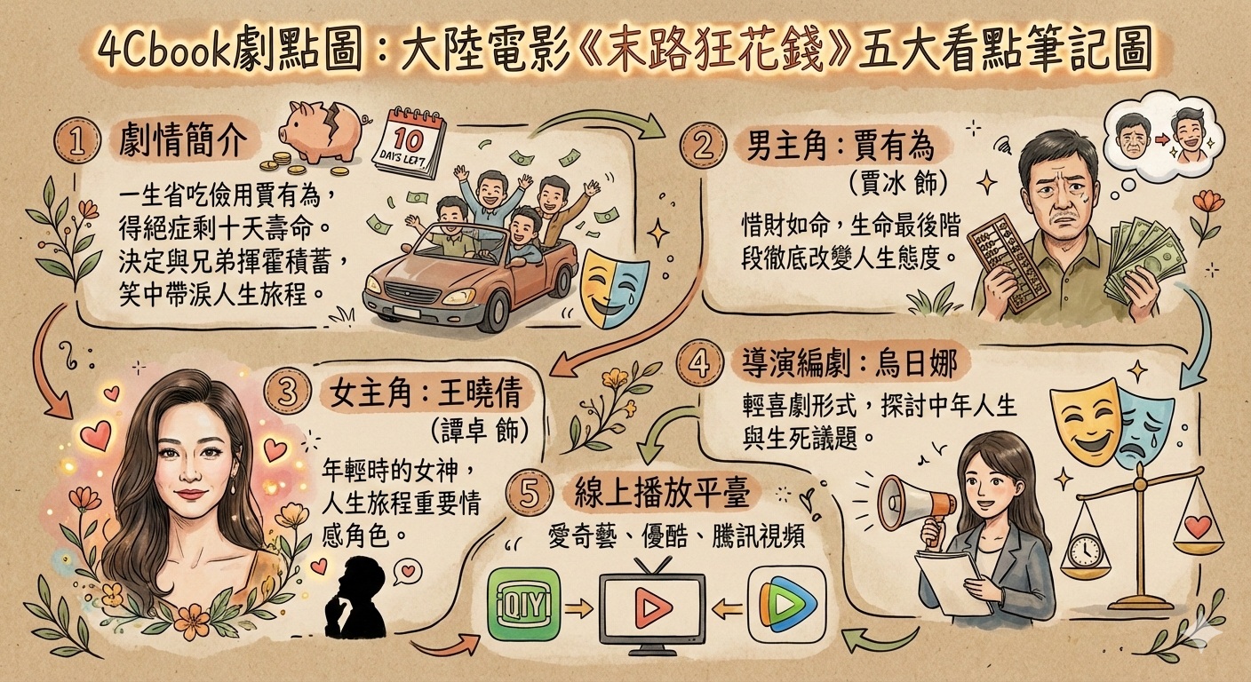 末路狂花錢（大陸電影）：劇情簡介＆人物介紹；由賈冰、譚卓領銜主演的喜劇電影，講述人到中年，除了省錢之外，一事無成的賈有為，被診斷出腦部腫瘤，只剩十天壽命，於是他賣掉傳言要拆遷的老屋，以及帶著一生的積蓄，然後，找回當年家屬院的拜把兄弟，決定在生命最後的十天裡放肆享受，並由此引發了一連串令人捧腹的故事，本片定檔2024年5月1日在中國大陸各大院線上映。