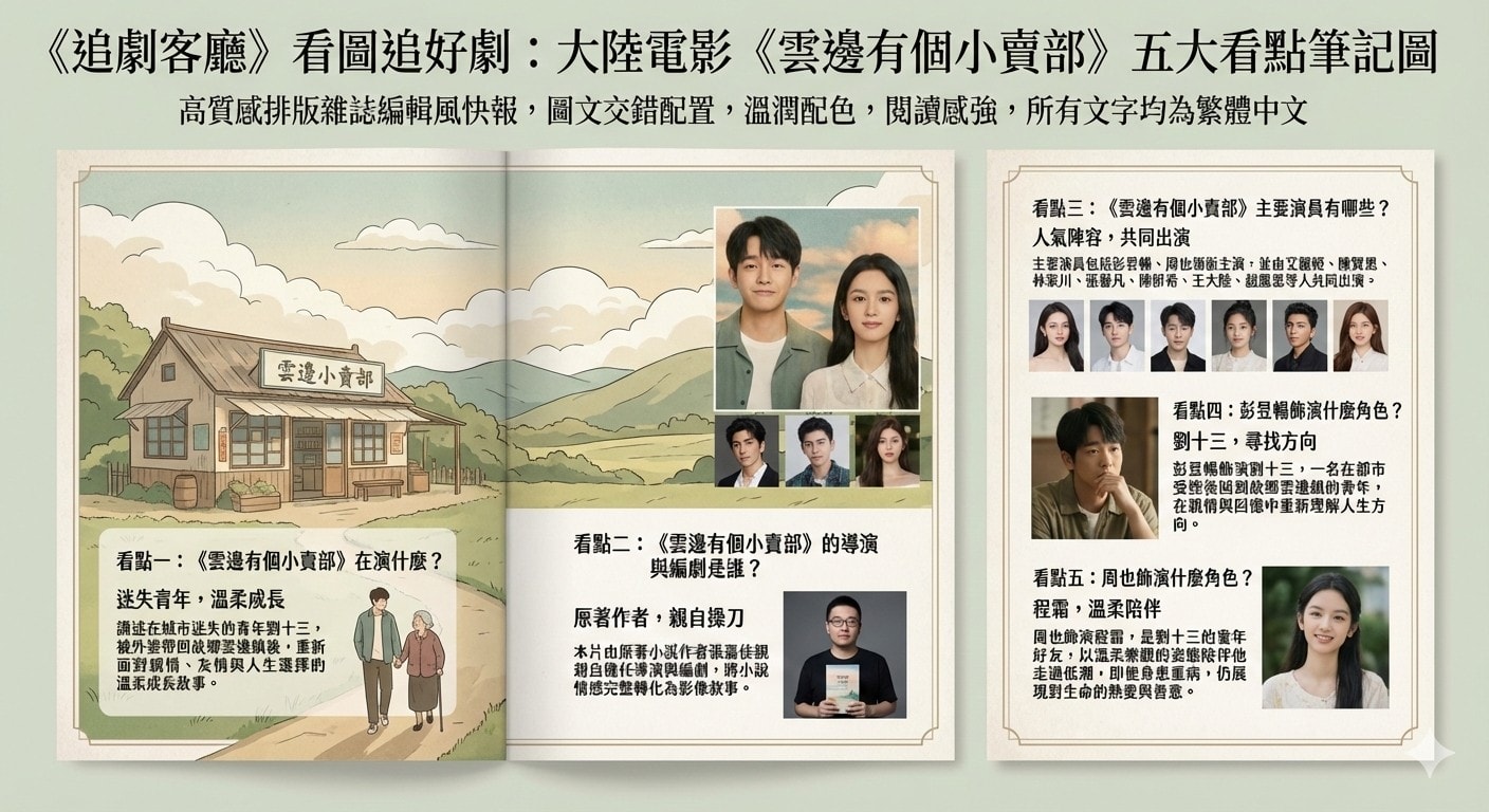 大陸電影《雲邊有個小賣部》：劇情簡介＆人物介紹，改編張嘉佳同名暢銷小說，講述一心嚮往城市，卻接連遭受愛情、事業打擊的年輕人回到家鄉，在改造外婆小賣部的過程中，找到自己想要的未來，本劇由彭昱暢、周也領銜主演，定於2024年6月22日在中國大陸上映。