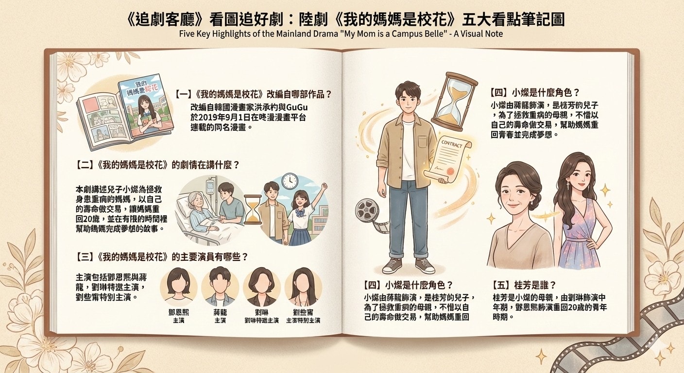 陸劇《我的媽媽是校花》：劇情簡介＆人物介紹；改編自由韓國漫畫家洪承杓、GuGu於2019年9月1日在咚漫漫畫平臺連載的同名漫畫，講述兒子不惜以自己的生命做籌碼，讓身患重病的媽媽重回20歲的故事，本劇原著漫畫曾經背開心麻花改編成舞臺劇，電視劇由鄧恩熙、蔣龍領銜主演，預定2024年下半年在騰訊視頻播出。
