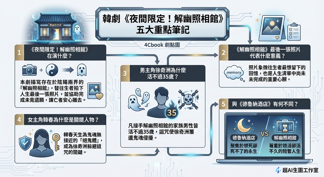 韓劇《夜間限定！解幽照相館》（韓國劇名：《夜限照相館》），劇情簡介＆人物介紹，改編自同名小說，由周元與權與娜拉領銜主演，本劇的劇情設定很簡單，主要設定每個人往生之後，都必須到存在於陰陽兩界的「解幽照相館」拍下最後一張照片，然後再離開人間，而這最後一張照片的內容是往生者最想在人間留下的一個回憶，也就是往生者生前還沒完成的遺願，而這個生前遺願，則是可以請「解憂照相館」的老闆幫忙完成。台灣的東森戲劇台訂於2024年12月4日起 週一至週五 晚間9點全台首播。